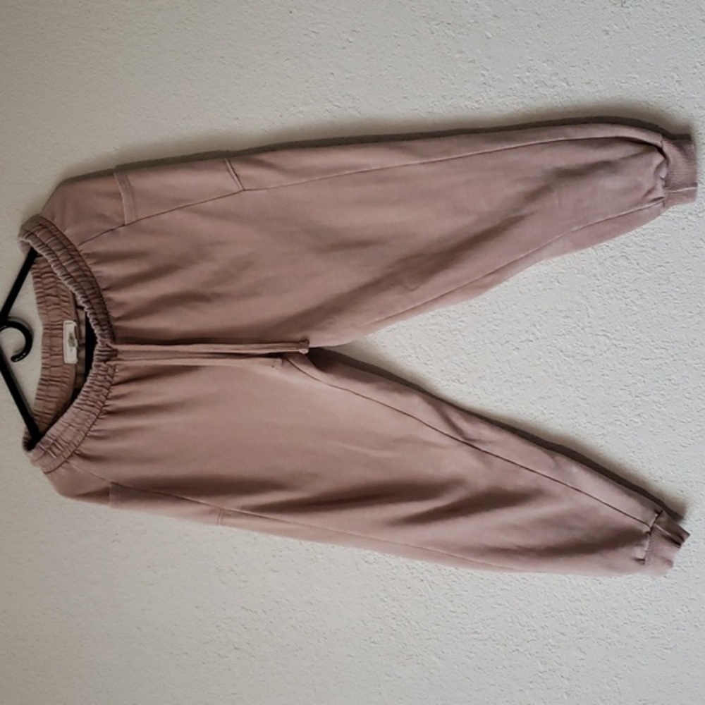 NO COMMENT Brown Tan Sweatpants Stretch Pull On Drawstring Pockets Sz Large EUC